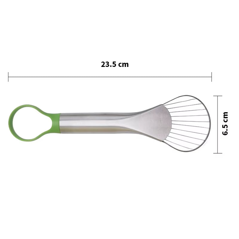 Accurate size guide showing the dimensions of the 2-in-1 avocado slicer, helping customers understand the compact design and space-saving features of the tool
