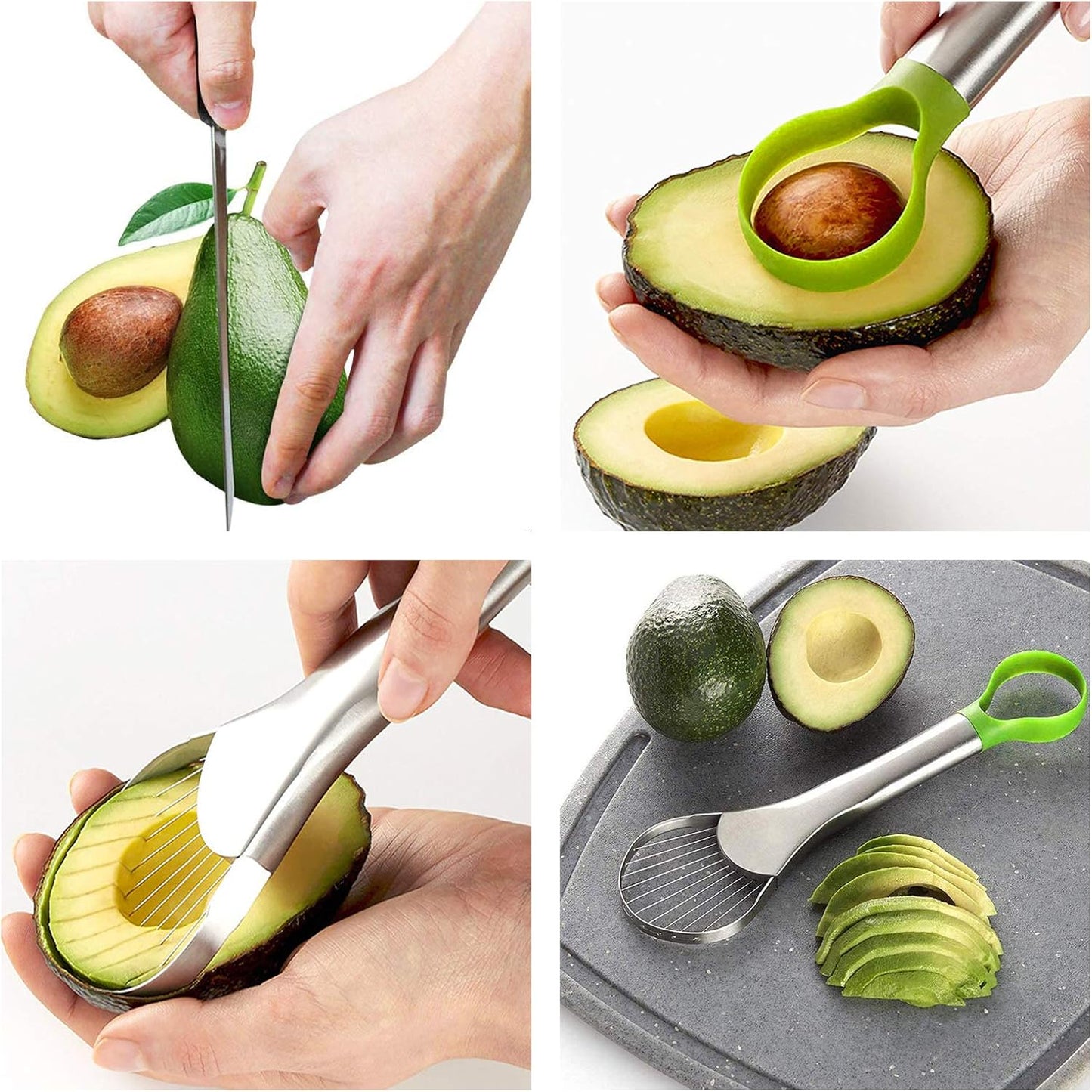 Clear, step-by-step demonstration of how to use the 2-in-1 avocado slicer, ensuring easy slicing and pitting for perfect avocado prep every time
