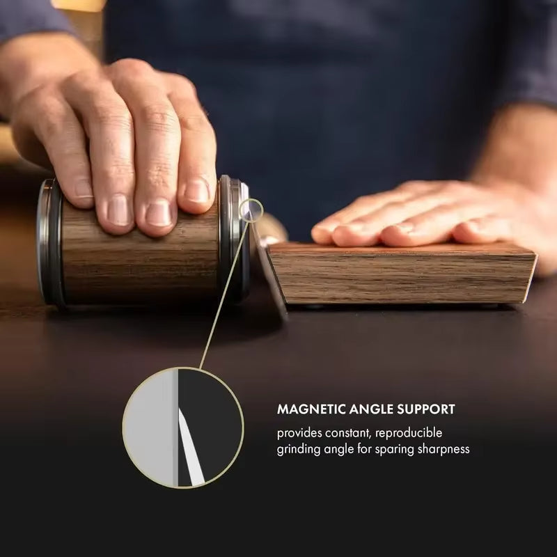 Close-up of magnetic knife sharpener showing angle support mechanism designed to maintain precise 15–20° sharpening angle during use