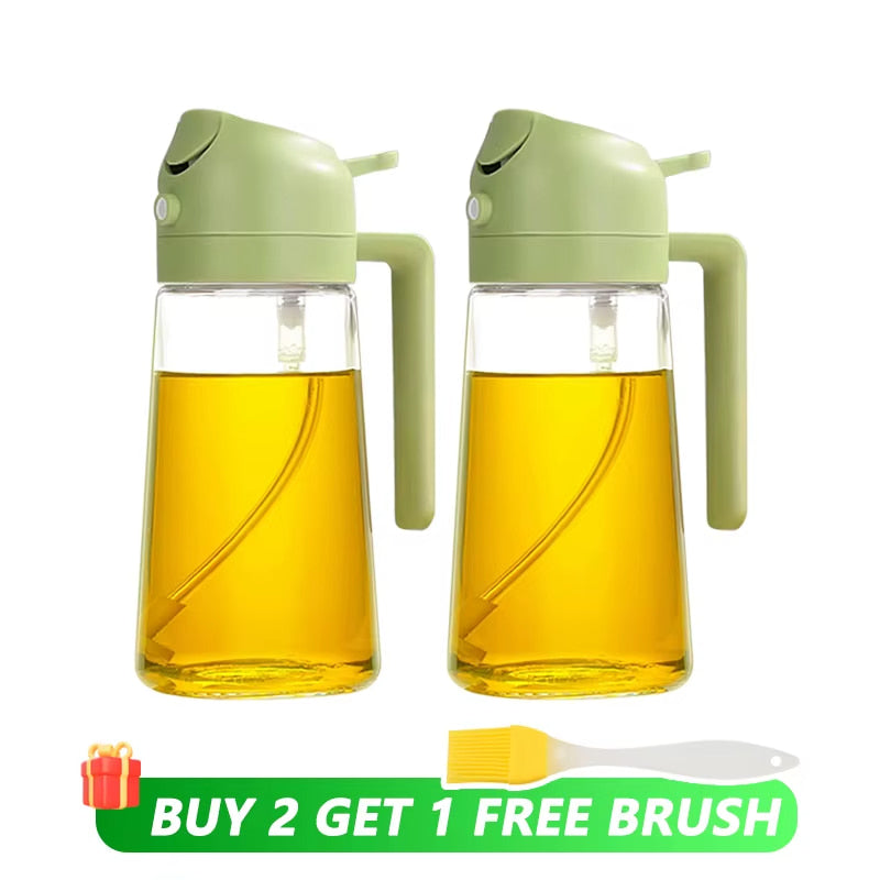 Set of 2 green oil sprayer and pourer bottles ideal for portion control and eco-friendly cooking