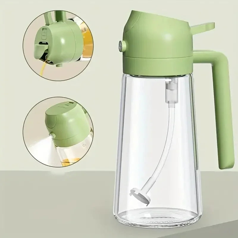 Green oil sprayer and pourer dispenser for easy, mess-free oil control in cooking and grilling, ideal for any kitchen setup