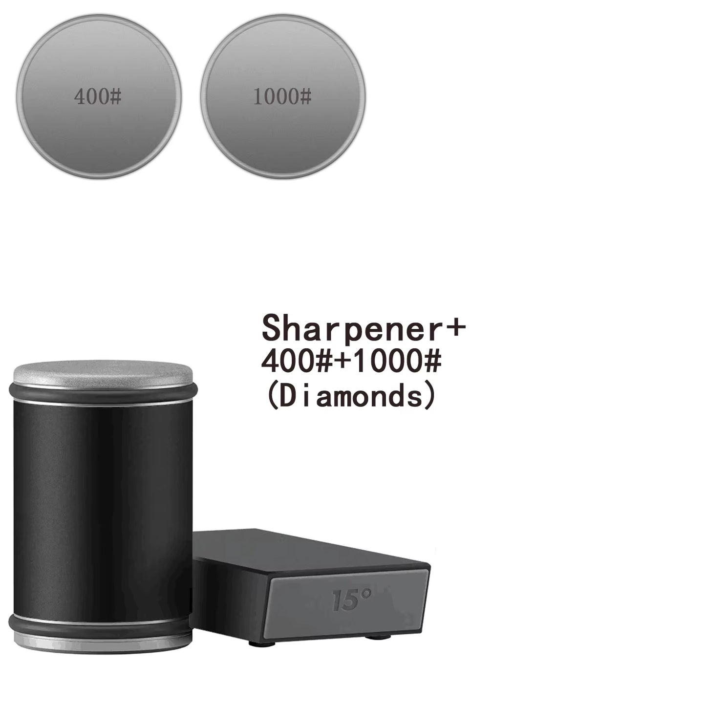 Magnetic Rolling Knife Sharpener with black body and stainless steel parts, available with different grit options for sharpening discs displayed on the image.