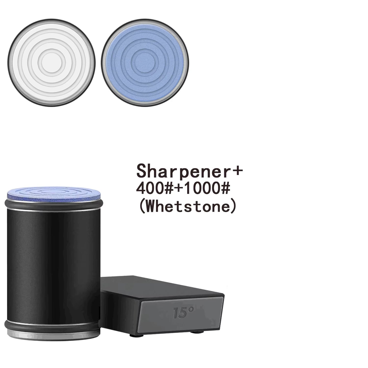 Magnetic Rolling Knife Sharpener with black body and stainless steel parts, available with different grit options for sharpening discs displayed on the image.