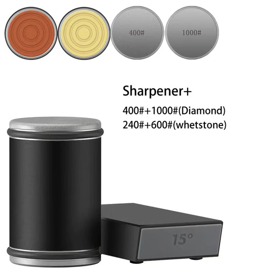 Magnetic Rolling Knife Sharpener with black body and stainless steel parts, available with different grit options for sharpening discs displayed on the image.