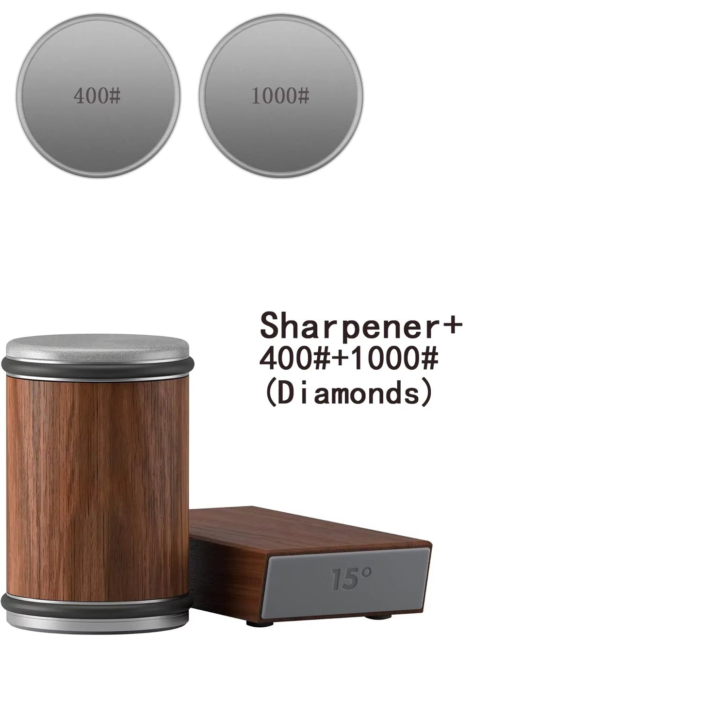 Magnetic Rolling Knife Sharpener with wooden body and stainless steel parts, available with different grit options for sharpening discs displayed on the image.