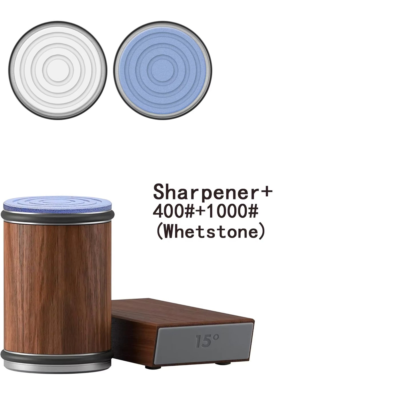 Magnetic Rolling Knife Sharpener with wooden body and stainless steel parts, available with different grit options for sharpening discs displayed on the image.