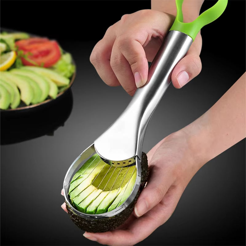 Stainless steel 2-in-1 avocado slicer and peeler tool for effortless fruit cutting and preparation