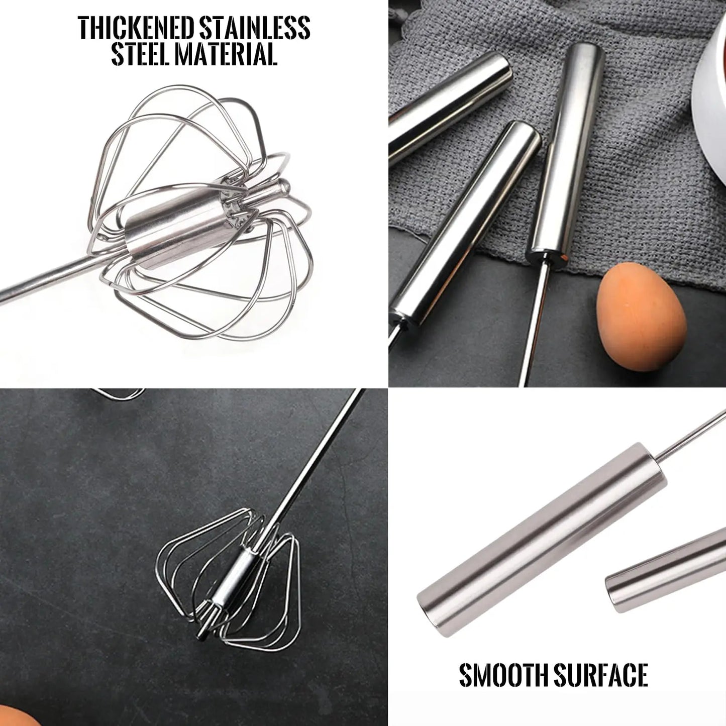 Close-up of a stainless steel mixer whisk with a smooth surface, highlighting its durable material and ergonomic design for easy handling