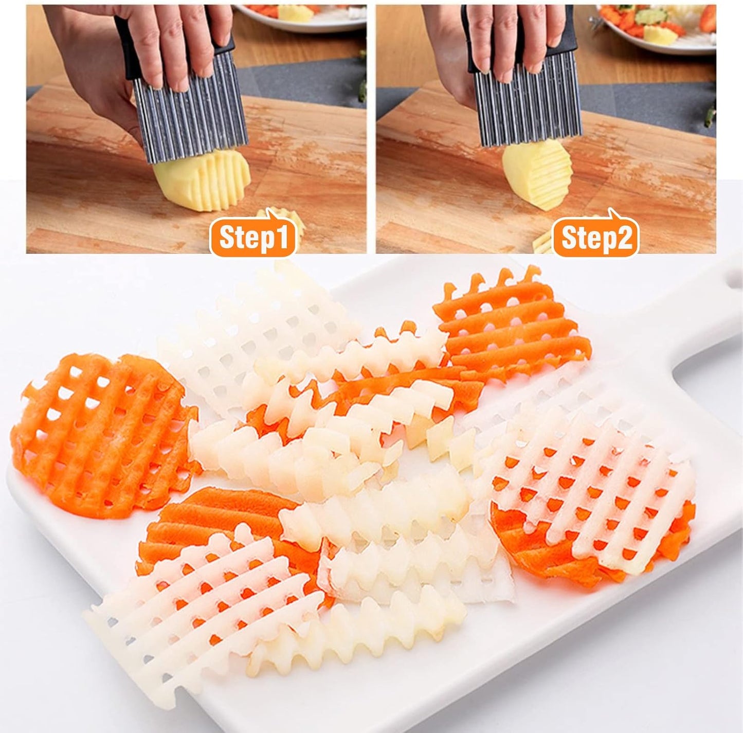 Demonstration of potato slicer creating crinkle and wavy cuts with stainless steel blade