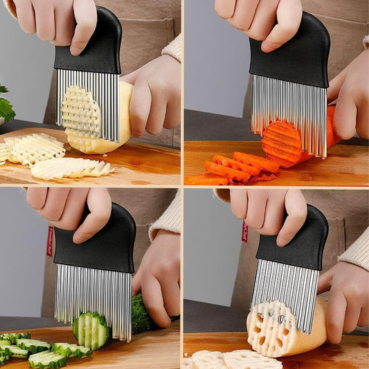 Versatile potato slicer used for slicing various vegetables and fruits with crinkle and wavy cuts