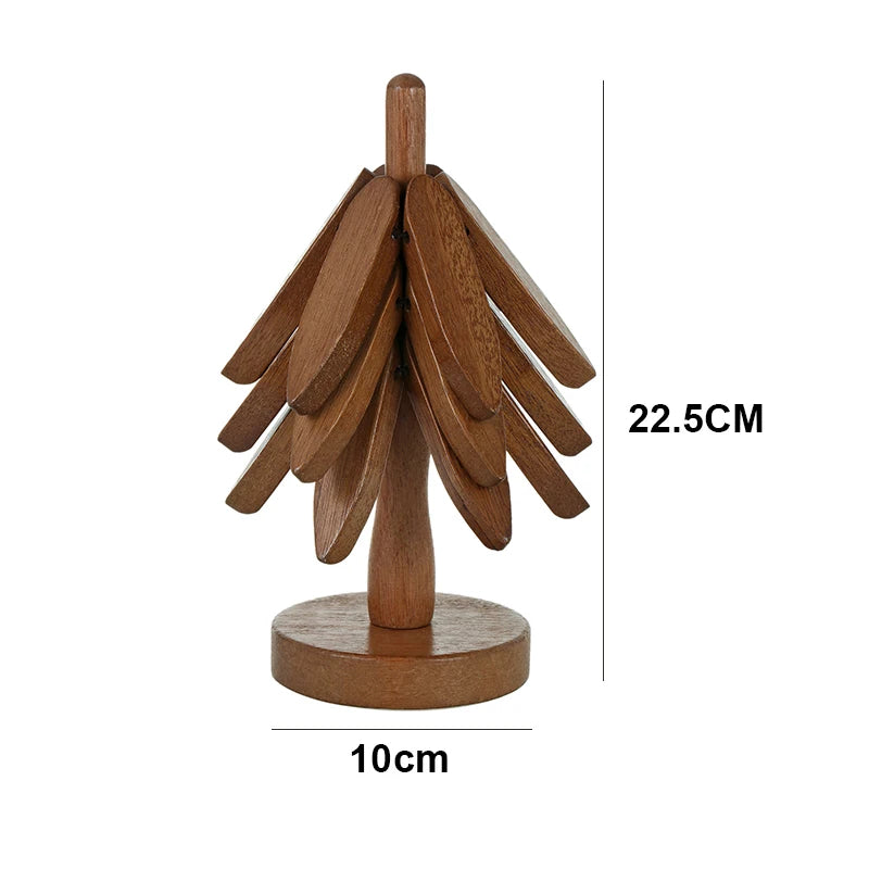 Wooden tree design heat resistant trivet pad for pots and pans, showing product dimensions