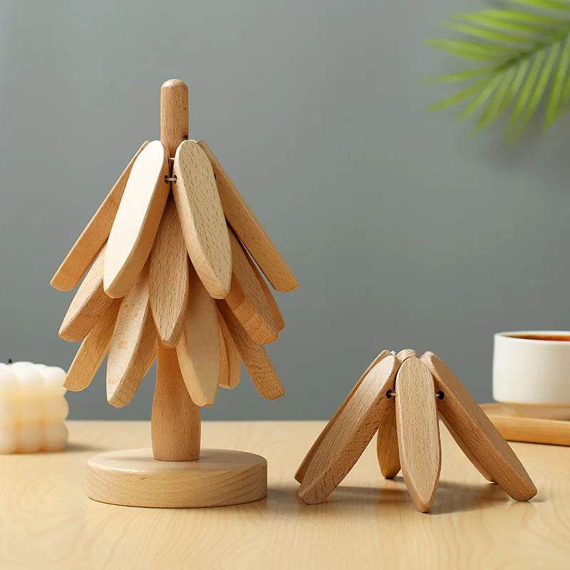 Wooden tree design heat resistant trivet pad for pots and pans in light color, displayed for home decor use