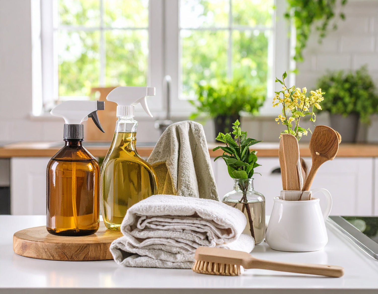 Essential cleaning tools including scrubbers, sprayers, and organizers for a spotless home
