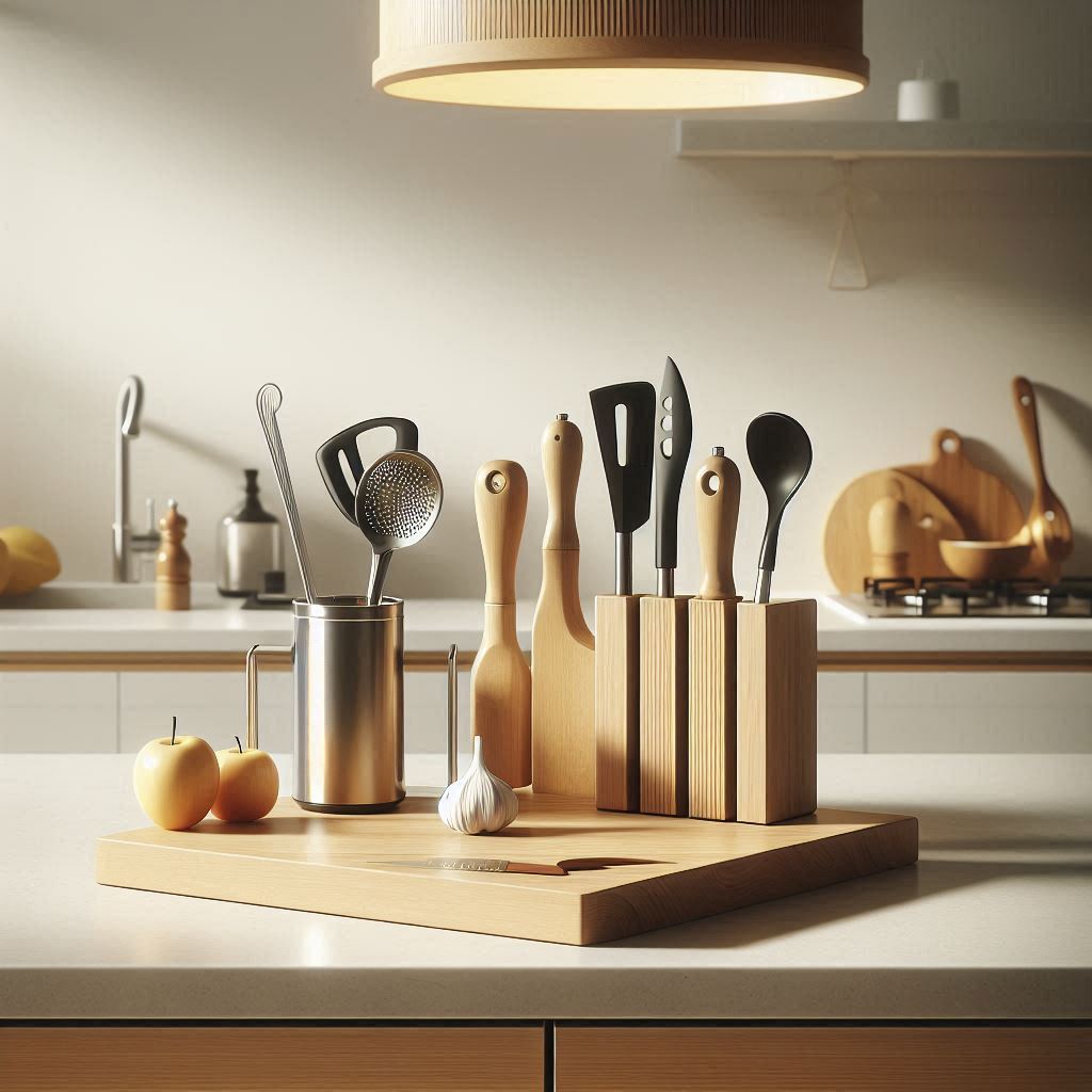 Premium cooking tools and modern kitchen gadgets displayed on a sleek kitchen counter, perfect for stylish and efficient meal preparation