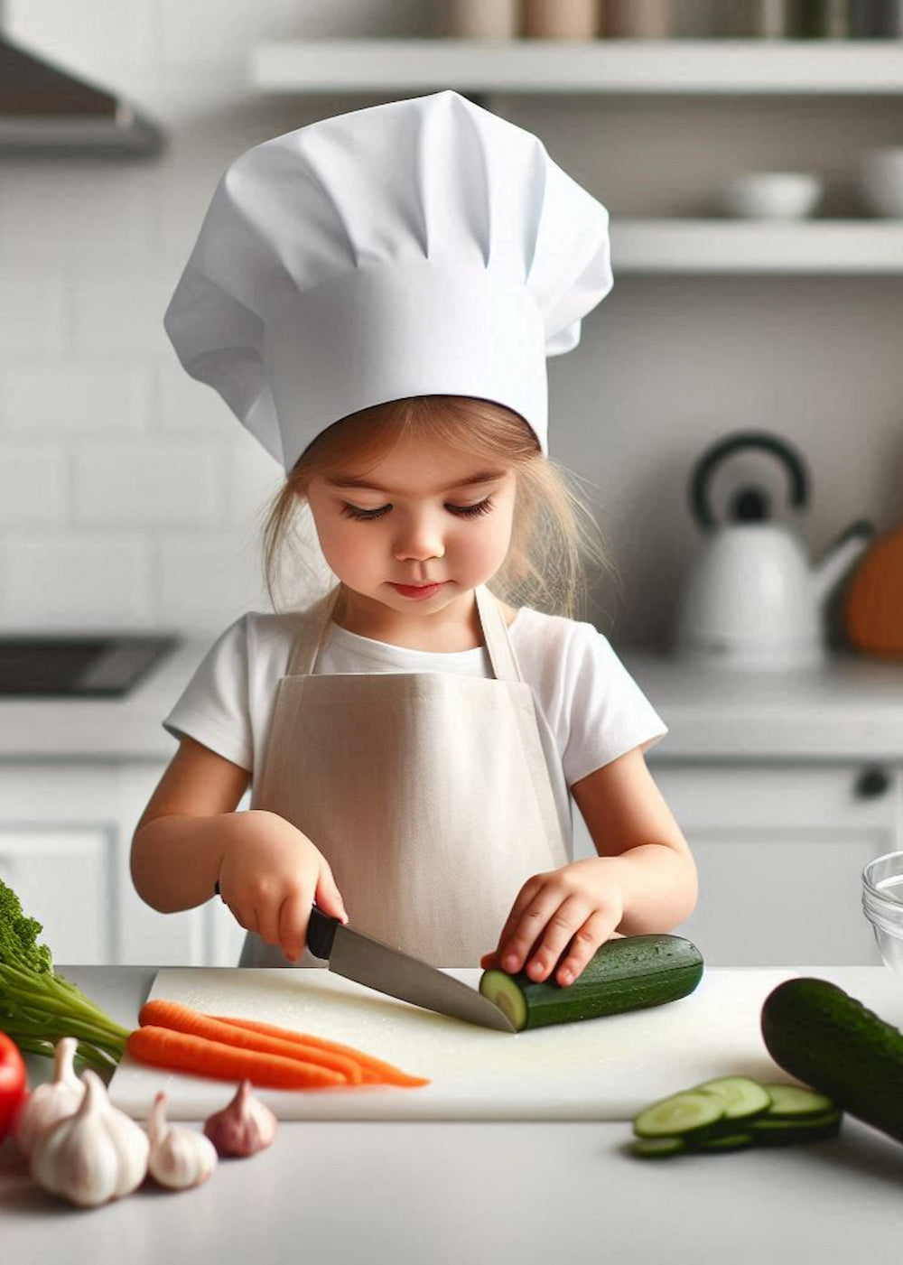  A sleek, minimal kitchen island showcasing premium food prep tools, designed for effortless and elegant meal preparation in a modern kitchen setting