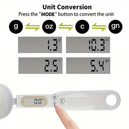 Digital measuring spoon displaying four unit conversion modes on LCD screen