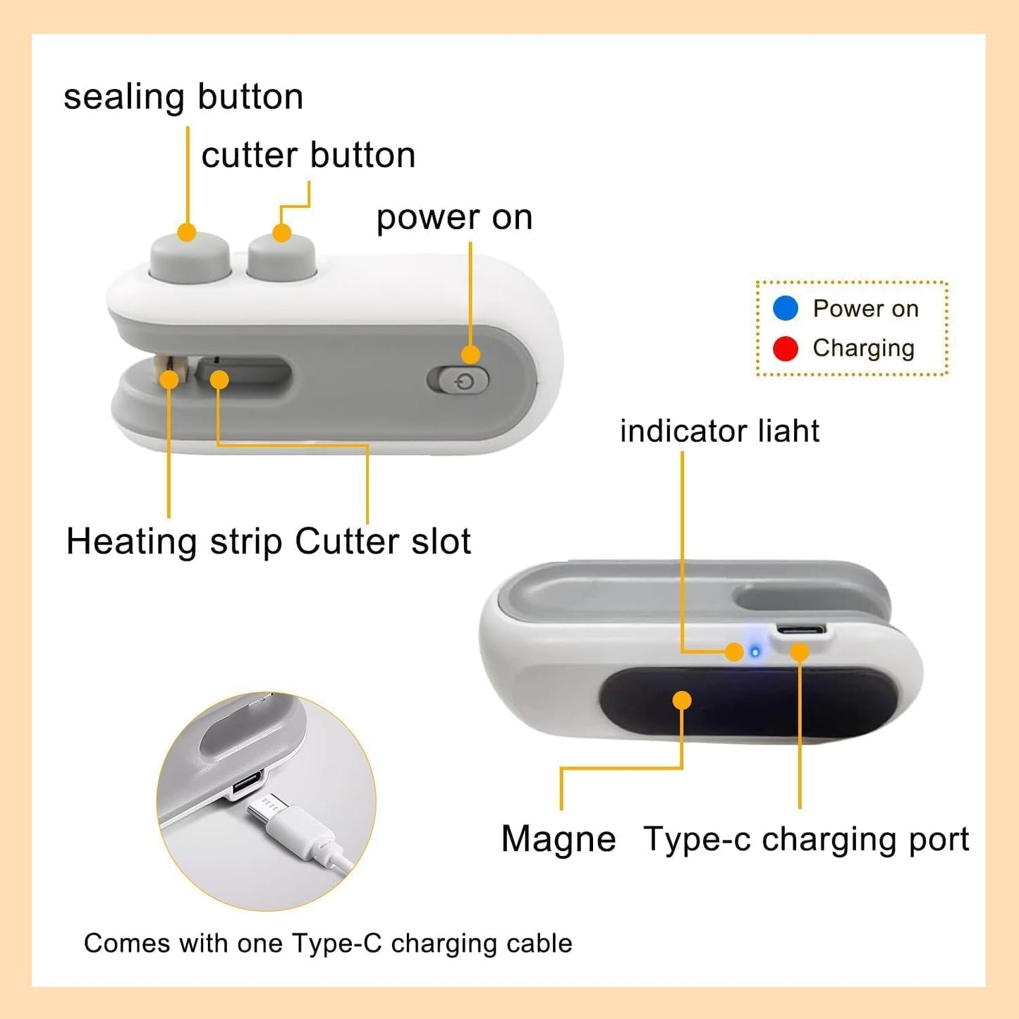 Detailed view of mini bag sealer parts and ergonomic design
