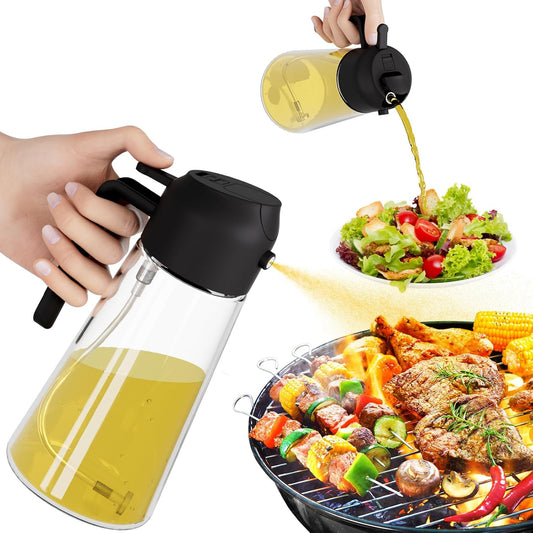 Premium oil sprayer and pourer dispenser for kitchen and BBQ, designed for precise oil control with a sleek, mess-free pouring and spraying mechanism