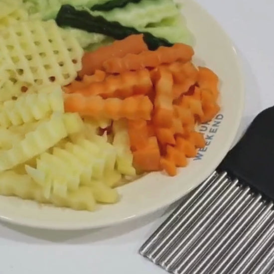 Demonstration of crinkle potato chip cutter slicing vegetables and fruits into wavy shapes for snacks, salads, and meals