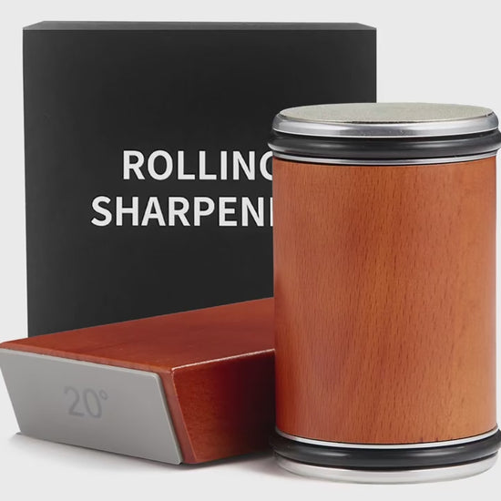 High-quality demo video showing the magnetic rolling knife sharpener in action, including setup, sharpening process, and results on various blade sizes