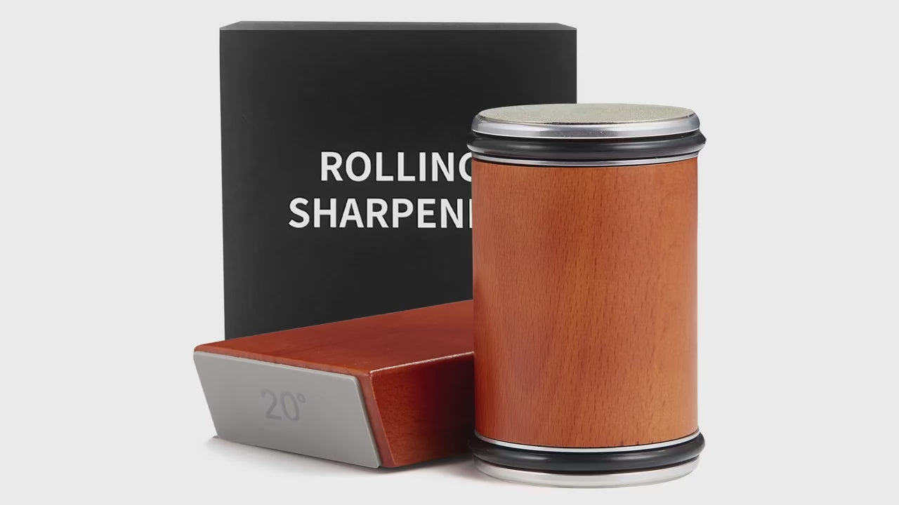 High-quality demo video showing the magnetic rolling knife sharpener in action, including setup, sharpening process, and results on various blade sizes