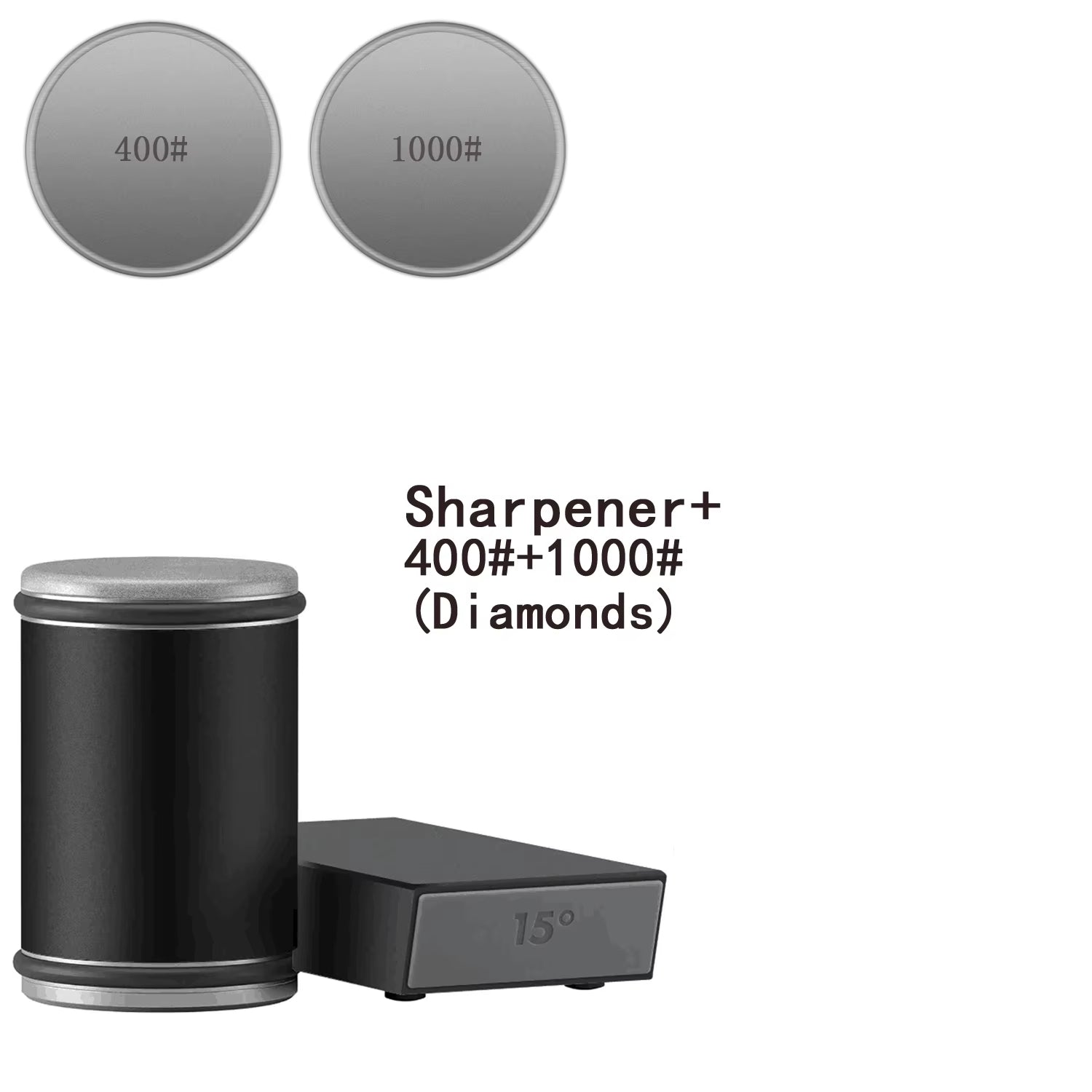 Magnetic Rolling Knife Sharpener with black body and stainless steel parts, available with different grit options for sharpening discs displayed on the image.