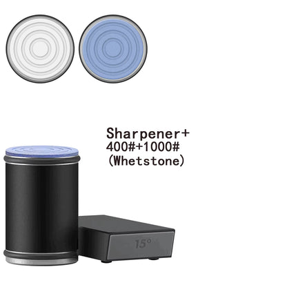 Magnetic Rolling Knife Sharpener with black body and stainless steel parts, available with different grit options for sharpening discs displayed on the image.