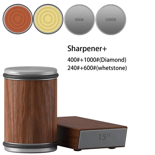 Magnetic Rolling Knife Sharpener with wooden body and stainless steel parts, available with different grit options for sharpening discs displayed on the image.