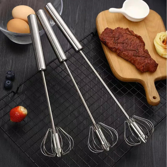 Semi-automatic egg beater whisk, made from stainless steel, ideal for mixing eggs, cream, and sauces. Available in multiple sizes for kitchen use.