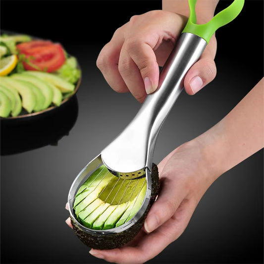 Stainless steel 2-in-1 avocado slicer and peeler tool for effortless fruit cutting and preparation