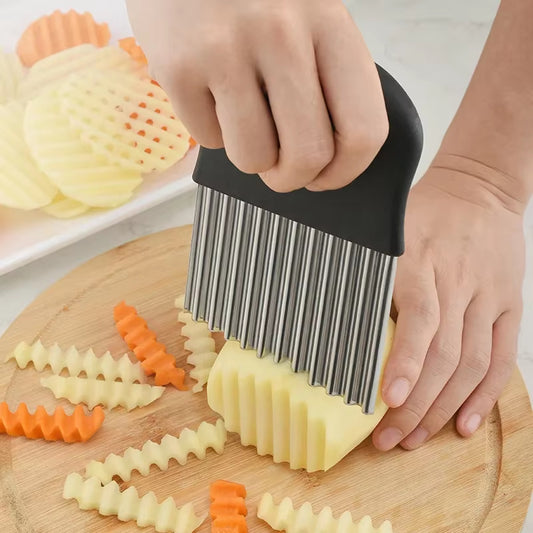 Stainless steel potato chip slicer with crinkle and wavy fry cutter design