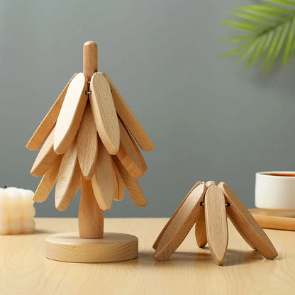 Wooden tree design heat resistant trivet pad for pots and pans in light color, displayed for home decor use